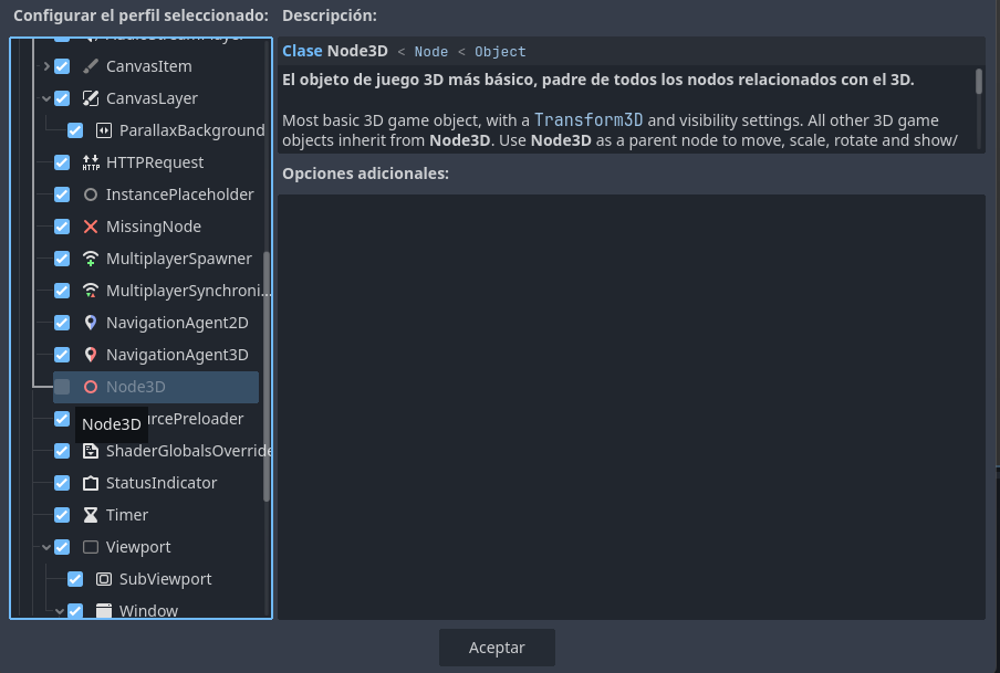 Opciones de perfil